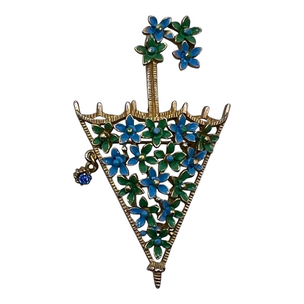 LISNER Vintage Floral Umbrella PARASOL Brooch Blue Green Enamel Gold Tone